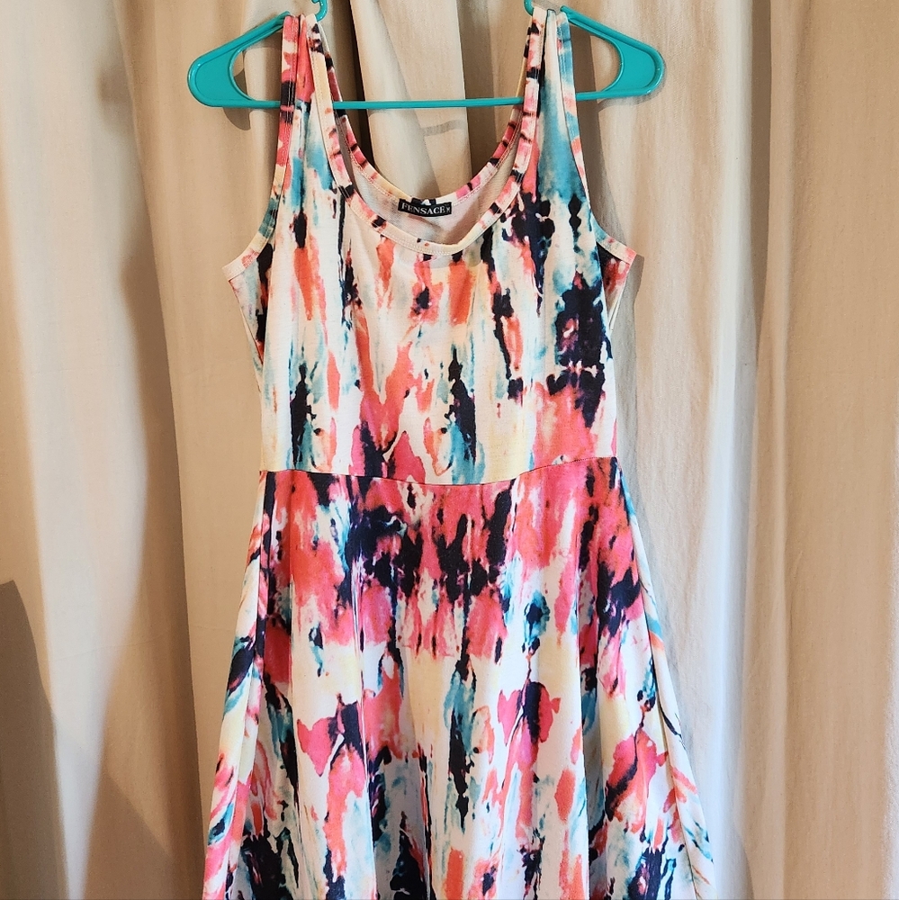 Fensace Scoop Neck, A-Line, Sun Dress. Abstract. Colorful. Tie Dye. SIZE MED
